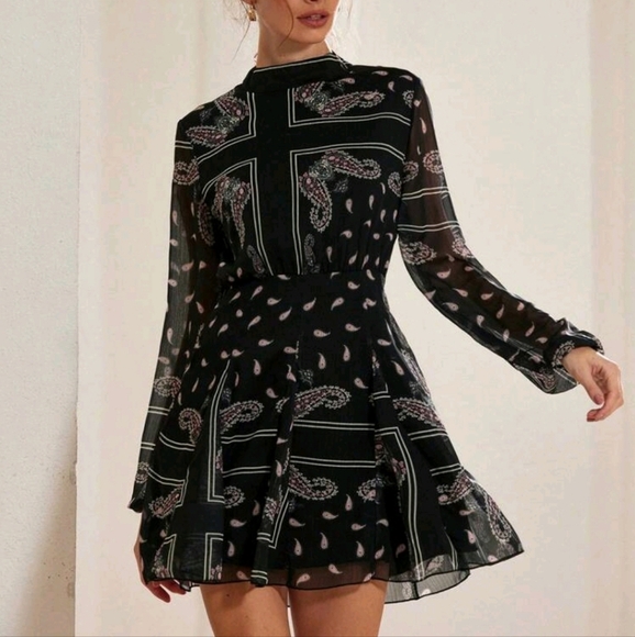 Floral Print Chiffon Short Long Sleeve Dress, Suitable For Spring - Picture 5 of 5